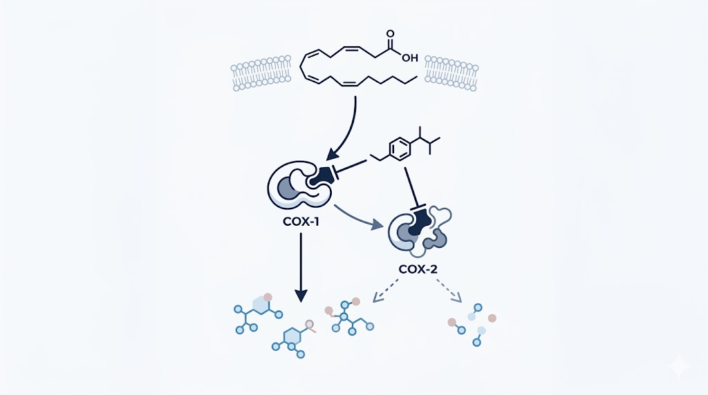 Mecanismo de acción del ibuprofeno mostrando la inhibición de COX-1 y COX-2 y la disminución de prostaglandinas