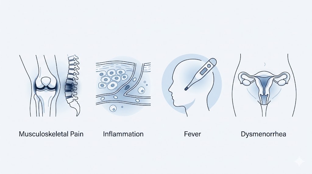 Usos clínicos del ibuprofeno en dolor musculoesquelético inflamación fiebre y dismenorrea