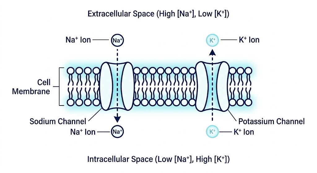 Canales de sodio y potasio en la membrana celular durante el potencial de acción