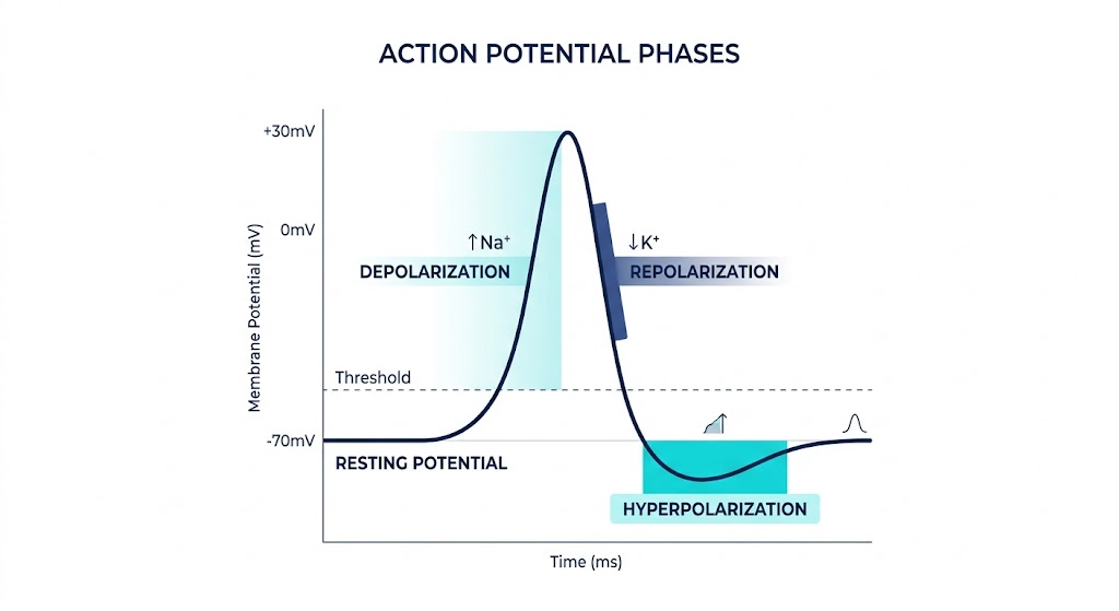 Fases del potencial de acción con entrada de sodio y salida de potasio