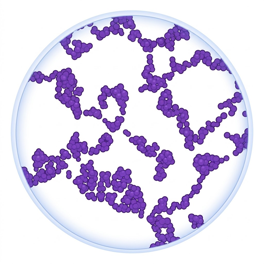 Staphylococcus aureus en tinción de Gram color púrpura cocos en racimos