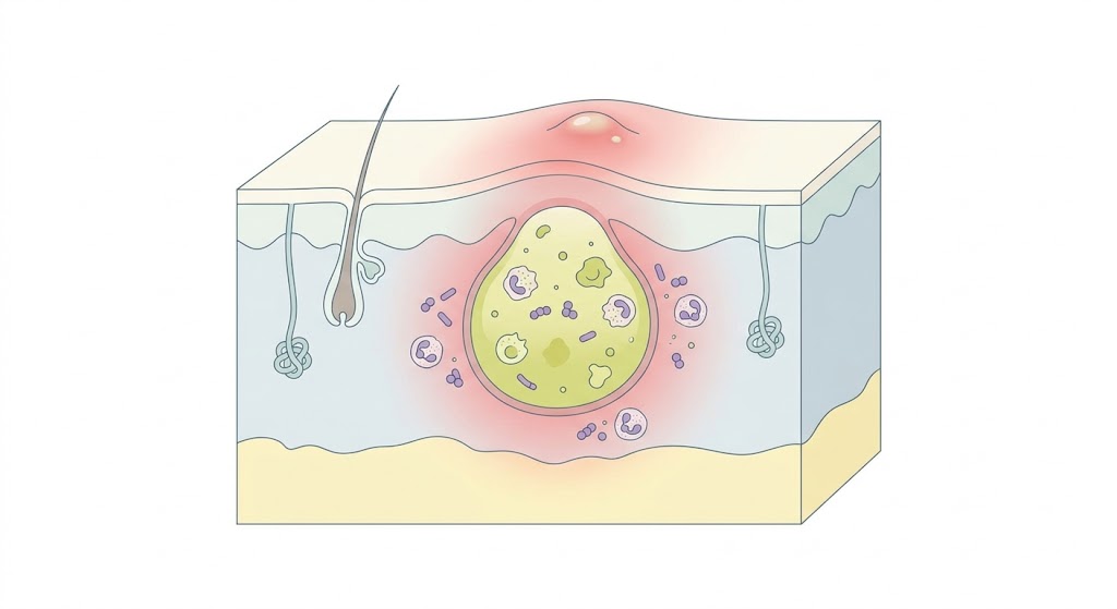 Absceso cutáneo bacteriano causado por Staphylococcus aureus con inflamación y pus