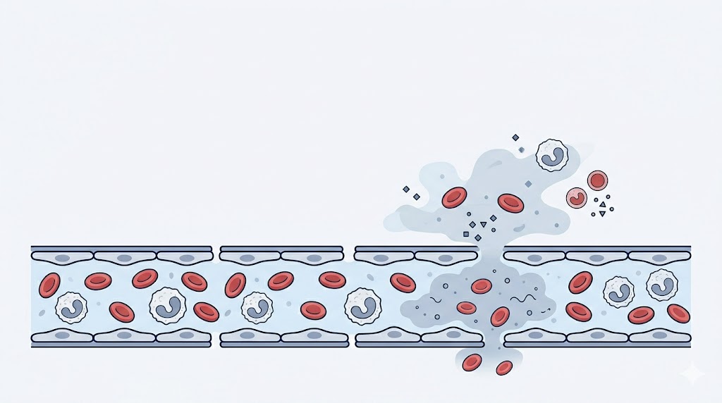 fuga capilar en dengue con extravasación de plasma por aumento de permeabilidad vascular
